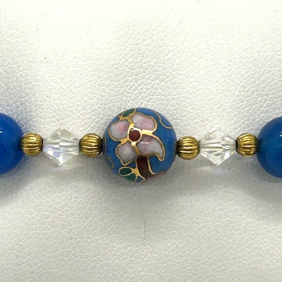 Cloisonné Floral Bracelet With Blue Glass Beads Gold-Tone Accents & Screw Clasp - Picture 10 of 14